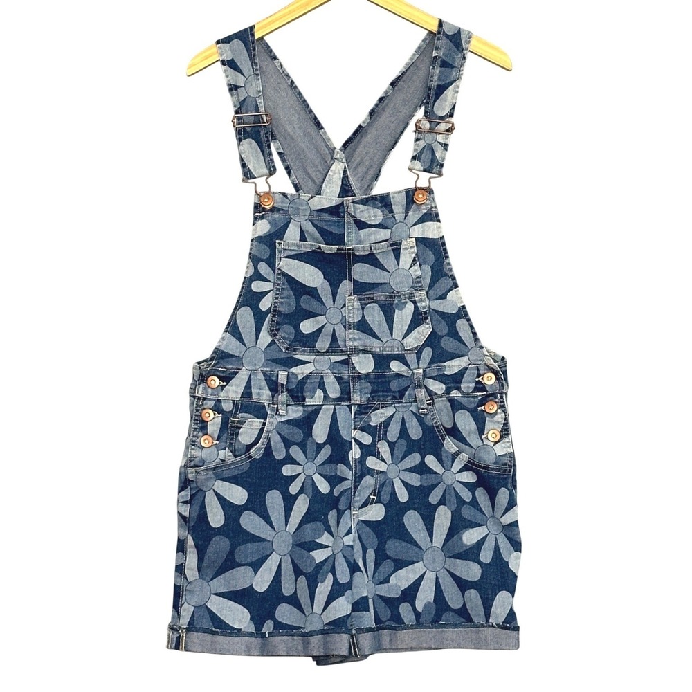 No Boundaries Women Shortalls 7 Blue Daisy Floral Denim Overalls Y2K Kidcore